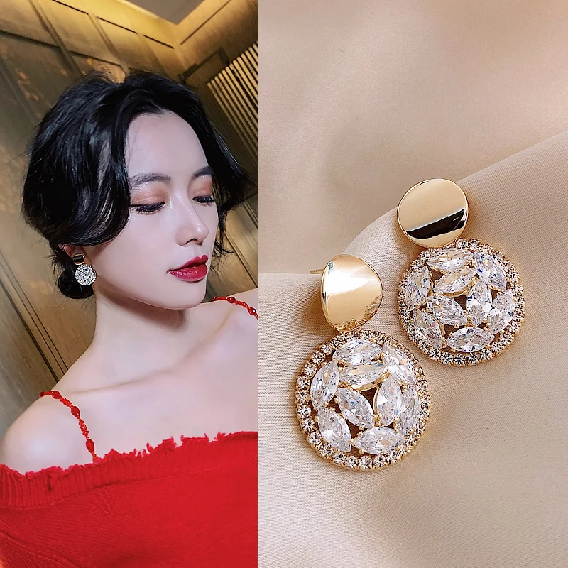 

New Arrival Korean Temperament Shiny Rhinestone Earrings Joker Fashion Geometric Circular Women Drop Earrings Jewelry 2021 New