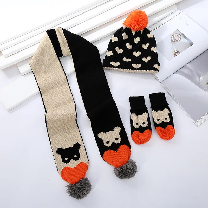 Maylisacc 3-8 Years Old Children's Hat Scarf Gloves 3-piece Set Autumn Winter Knitted Warm 3-piece Set Cartoon Acrylic Ball Hat