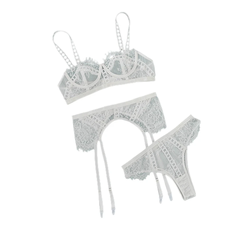 

Женское кружевное ночное белье, Прозрачное нижнее белье, ажурный бюстгальтер с V-образным вырезом и грубым краем, Т-образный пояс для игр, го...