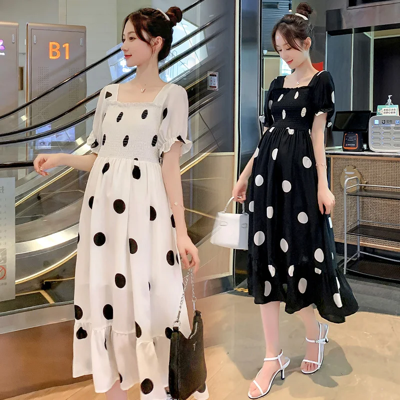 

9398# 2021 Summer Korean Fashion Maternity Long Dress Elegant A Line Clothes for Pregnant Women Sweet Polka Dot Pregnancy