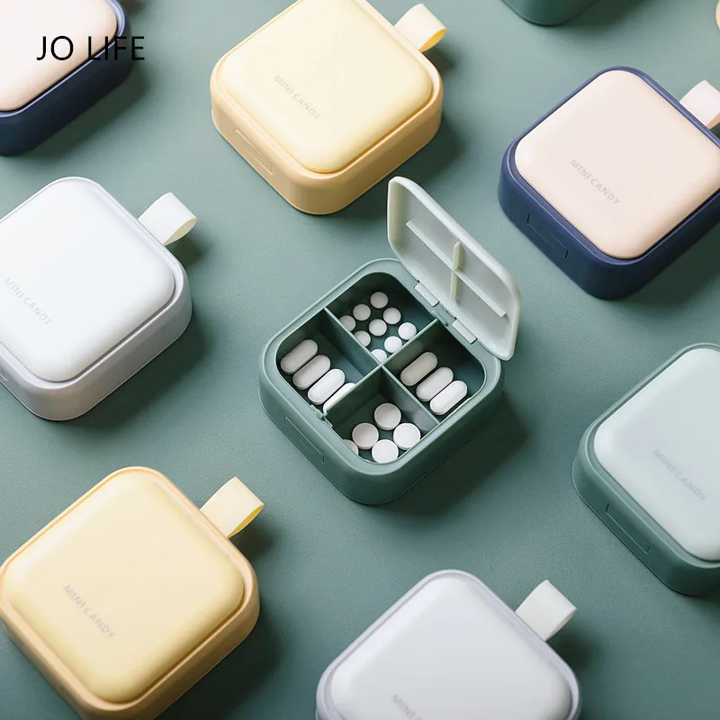 

JO LIFE Portable 4 Grids Pill Case First Aid Kit Mini Daily Pill Container Medicine Storage Box