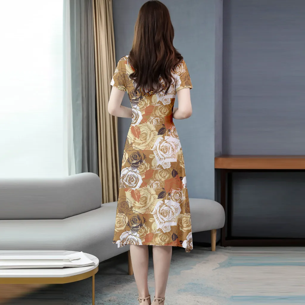 Модное повседневное женское платье с О-образным вырезом коротким рукавом платья