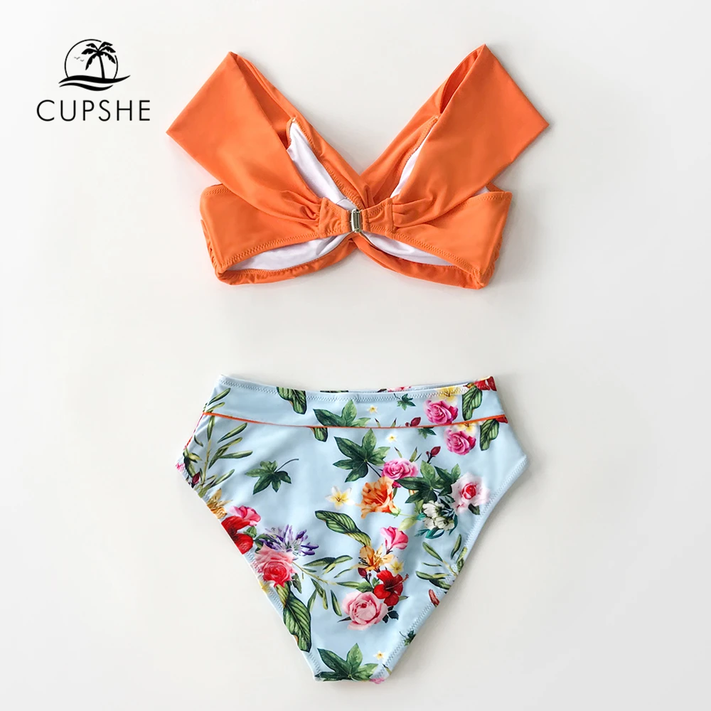 CUPSHE Оранжевый Цветочный скрученный комплект бикини с высокой талией сексуальный