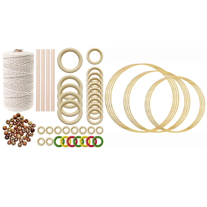 

1 Set Macrame Cord Macrame Rope With Wood Beads Wood Ring And Wooden Stick & 1 Pcs Metal Rings Hoops Macrame Ring