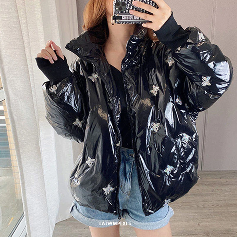 2021 яркий белый/черный пуховик женский зимний новый модный блестящая Лазерная с