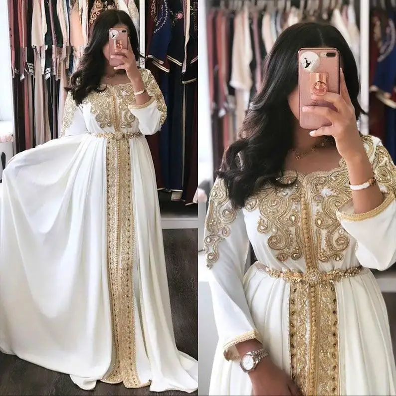 

Caftan Morocco Evening Dresses White Abaya Dubai Formal Evening Gowns With Sleeves A Line Beaded Applique Prom Dress Muslim