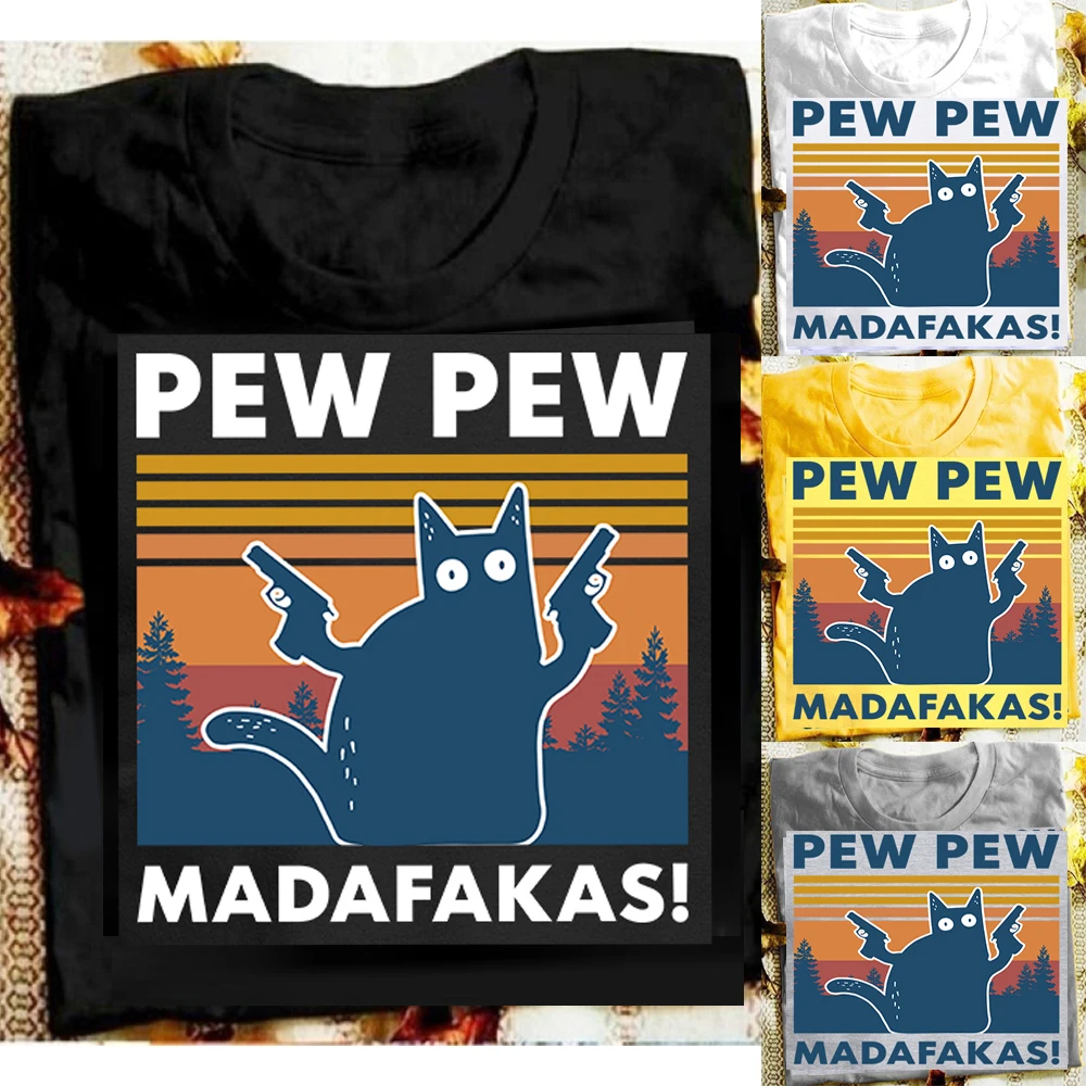Женская футболка с черной кошкой Pew Madafakas забавная для девушек котом гангстером и