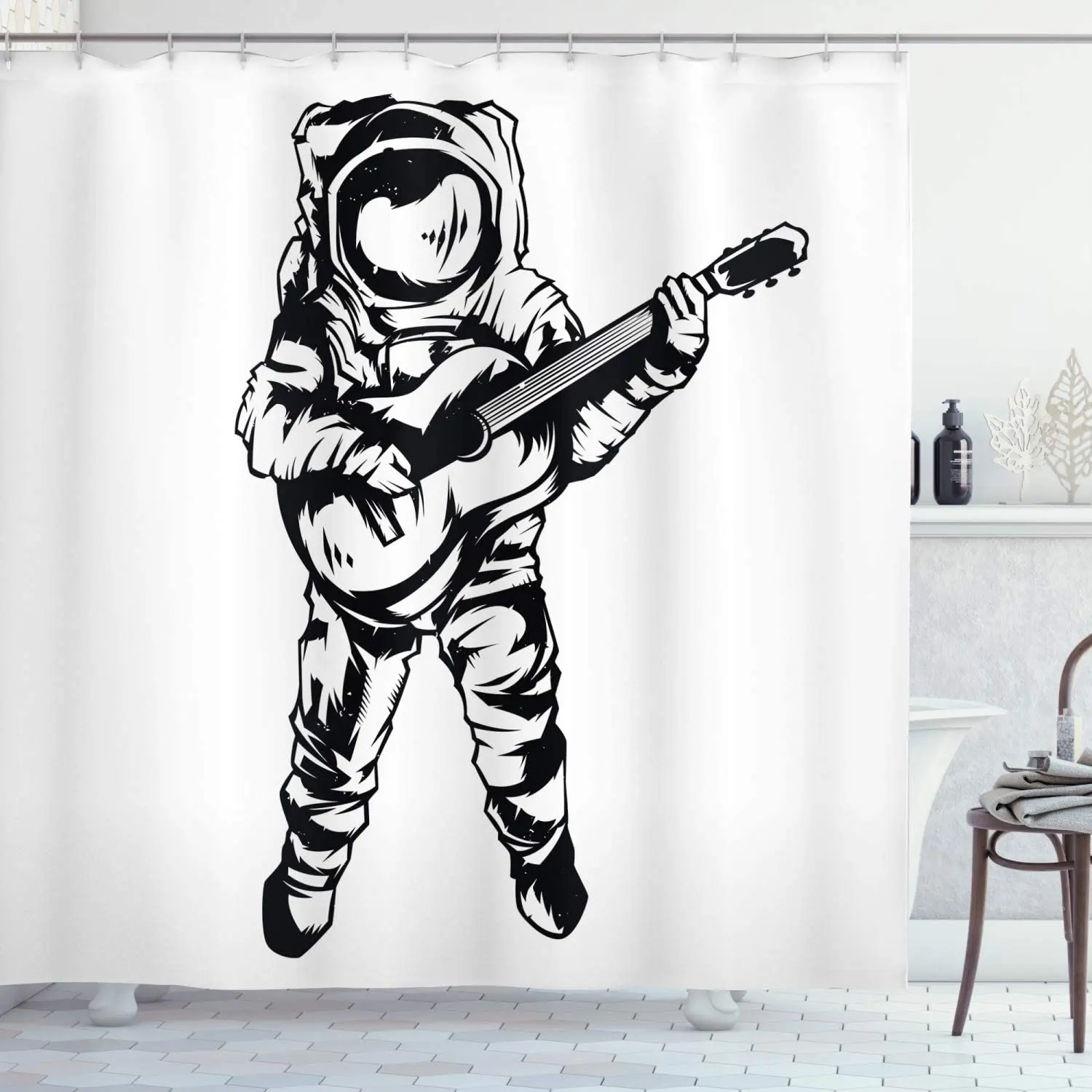 

Astronaut Shower Curtain,Cool Astronaut Jamming with Guitar Sketch Art Music Science Education Print,Cloth Fabric Bathroom Decor