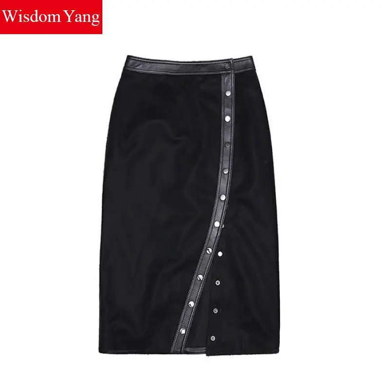 

Autumn Winter Real Sheep Skin Genuine Leather Skirts Womens High Waist Black Skirt Wrap Sexy Sexy Velvet Moto Bike Long Clothes