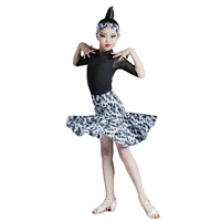 new children leopard latin dance dress black mesh mid sleeve suit professional examination competition costumes practice clothes