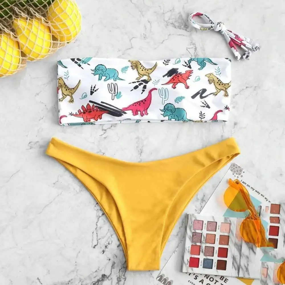Женский купальник новинка 2020 Модный комплект бикини с принтом динозавра высокой