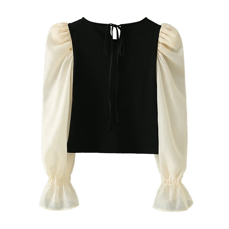 

YOSIBCD Women 2021 Fashion Patchwork Cropped Knitted Blouses Vintage Puff Sleeve Back Bow Tied Female Shirts Chic Tops