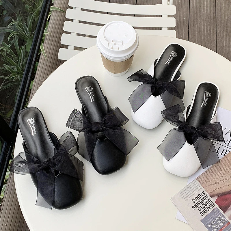 Мюли женские с квадратным носком шлепанцы на плоской подошве бант лента мягкая