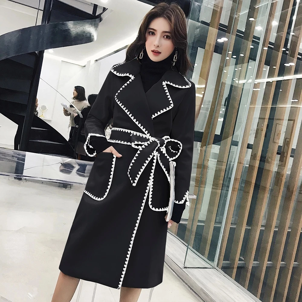 

Women Woolen Coat Long Over-Knee Trench Coat Autumn Winter Fashion Wavy Long Jacket Coat Thick Pocket Sashes Woolen Outerwear