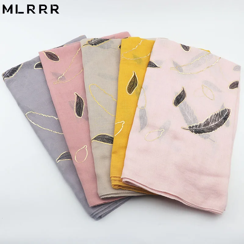 MLRRR Новая мода перо печать шарф горячее тиснение золотом длинный для женщин