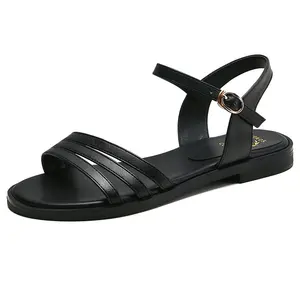 Женские сандалии-гладиаторы из коровьей кожи, летние сандалии в римском стиле с пряжкой, пляжные туфли на плоской подошве, размера плюс 43