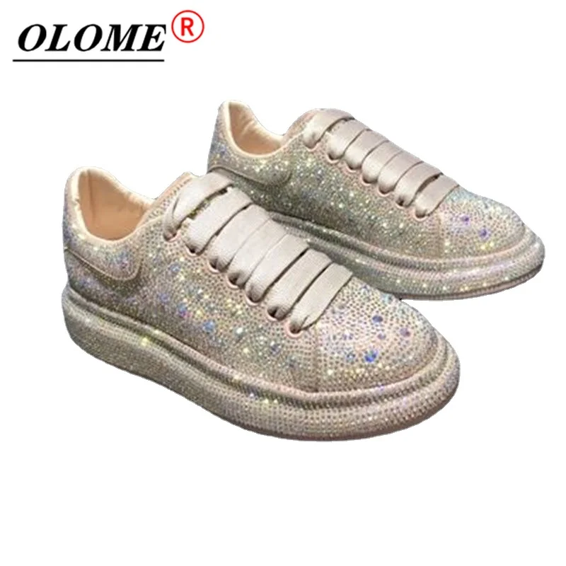 

OLOME2021 New Fashion Women's Shoes Thick-soled Increased Luxury Brand Sports Female Designer Silver Rhinestone Casual Shoes