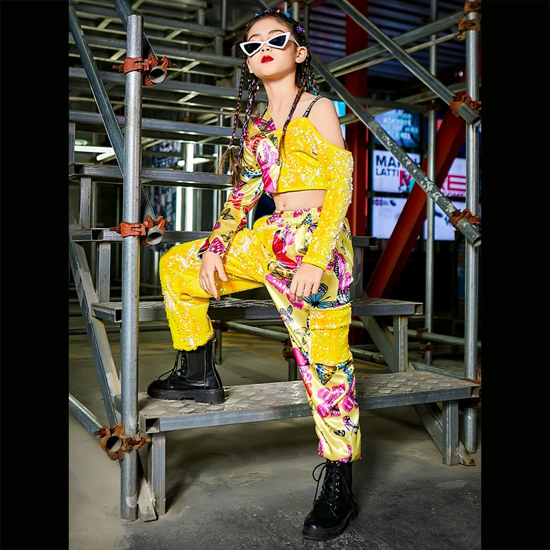 

Girls Hip Hop Performance Clothing Fashion Off-Shoulder Tops Sequin Hip Hop Pants Kids Jazz Dance Costume Stage Outfit 120-170CM