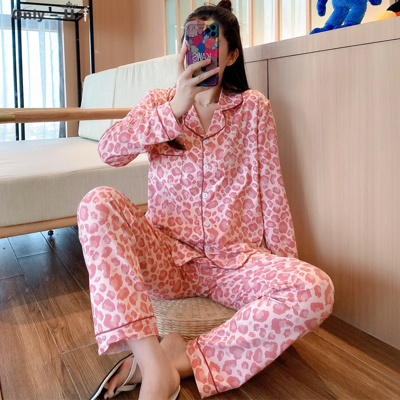 

Pijama Femenino De Manga Larga Con Conjunto PantalonesPijama De MangaDe Estampado De Leopardo Rosa, Larga Para Mujer,