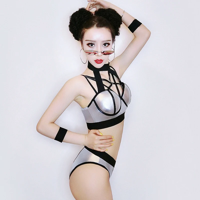 Silver Women Strappy Tops Sexy Pants Set Nightclub Pole Dancing Suit Novelty DS Performance Costume Ladies Cheering Dance Outfit |