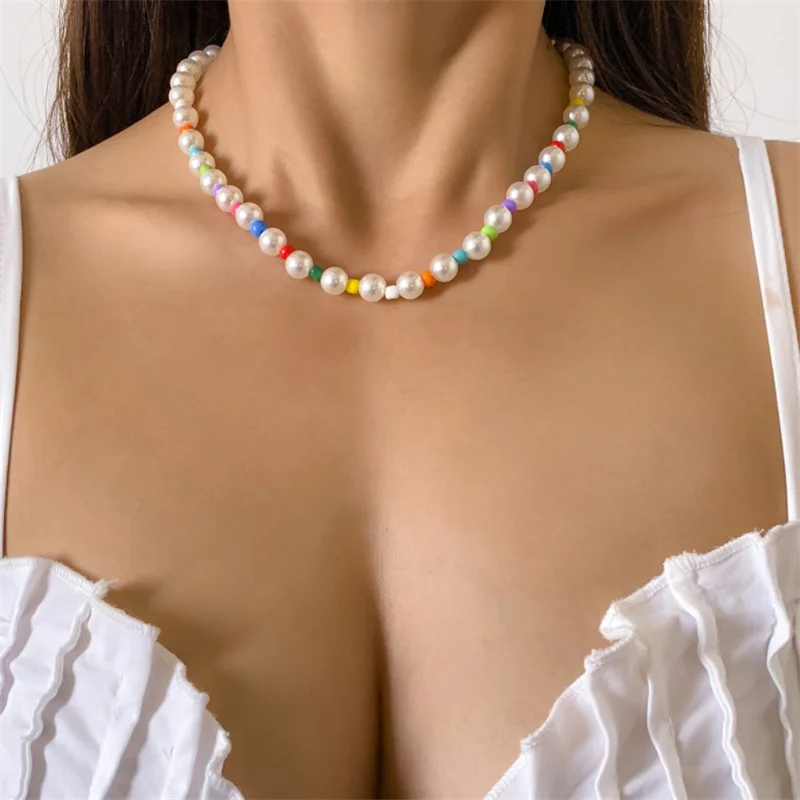 

Bohemia Imitation Pearl Stone Necklace Handmade Colorful Rice Beads Chain Necklaces Choker For Women Party Beach Jewelry Gifts