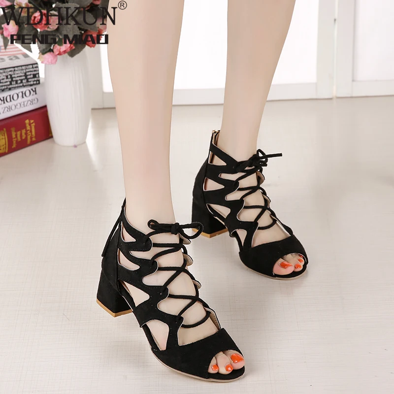 

2021 New Summer Women Sandals High Heel Flock Cross Straps Fish Mouth Hollow Shoes with Lace Strap Roman Sandals