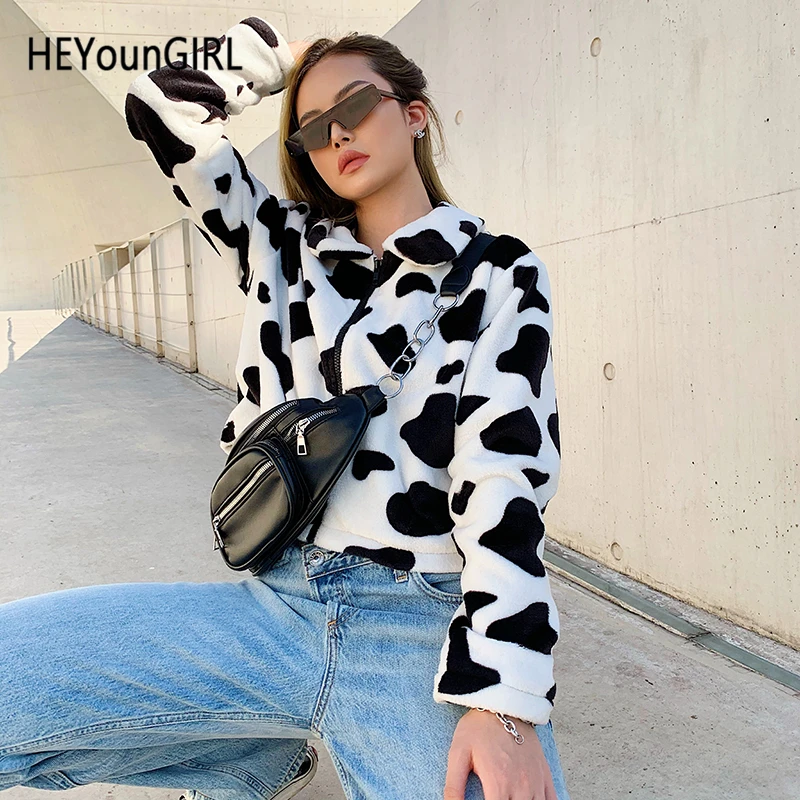 Женское пальто из искусственного меха HEYounGIRL с коровьим принтом Повседневная