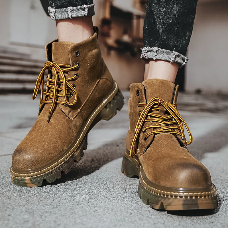 

Autumn Winter Genuine Leather Men Boots Fashion Brown Ankle Boots 2021 Mens Martins Boot Camouflage Boot High Quality Suede Boot