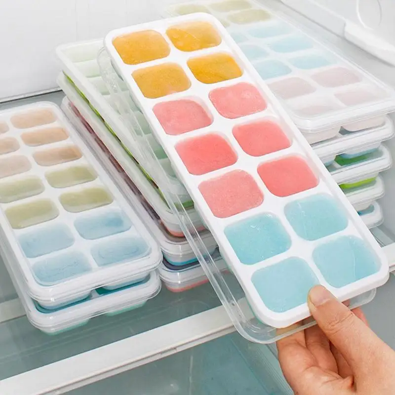 

Household Three-dimensional Square Ice Tray Molds With Clear Cover 14 Grid Silicone Ice Tray Mould 4 Colors