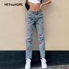 Женские джинсы с вышивкой вишни HEYounGIRL, повседневные синие джинсы с высокой талией, длинные брюки, женские облегающие джоггеры с карманами