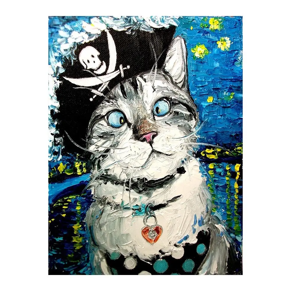 Пиратская Шляпа кошка Алмазная картина мультфильм круглый полный дрель животное