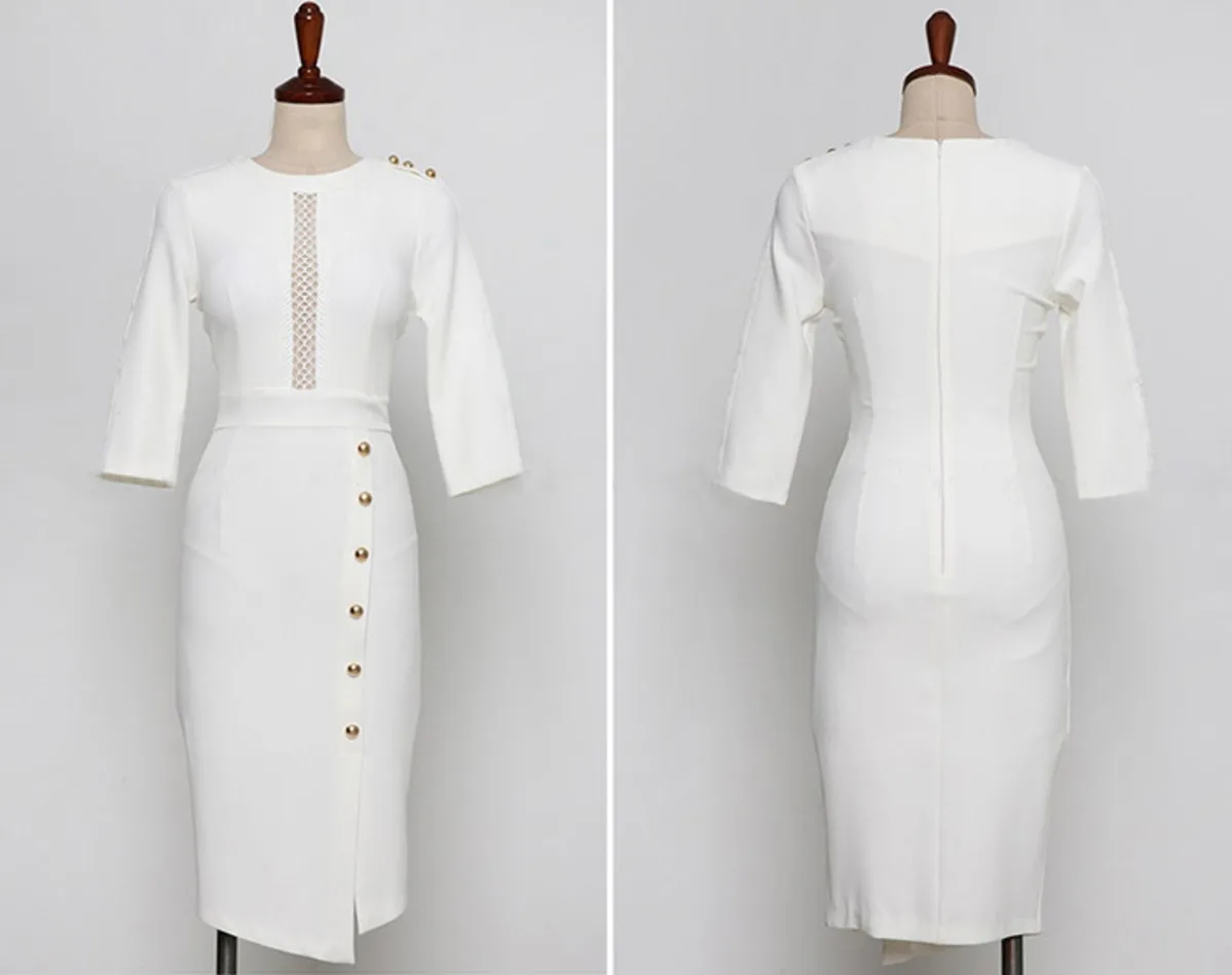 

2020 Summer OL Office Work Split Side White Dresses Women O Neck 3/4 Sleeve Wrap Bodycon Pencil Dress Women Vestidos Dress