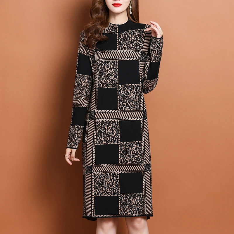 

Женское вязаное платье-свитер средней длины, элегантное жаккардовое платье свободного покроя с длинными рукавами, Осень-зима 2021