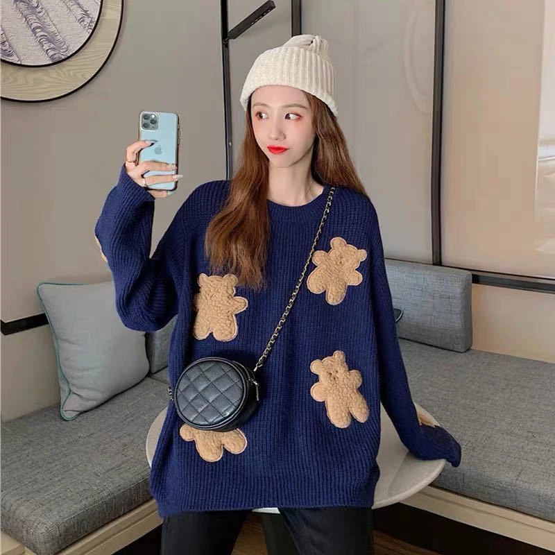 

2021 Autumn Winter Kawaii Cute Bear Print Woman Sweaters Korean Style O-neck Oversized Pullover Fashion Long Sleeve Soft Sweater