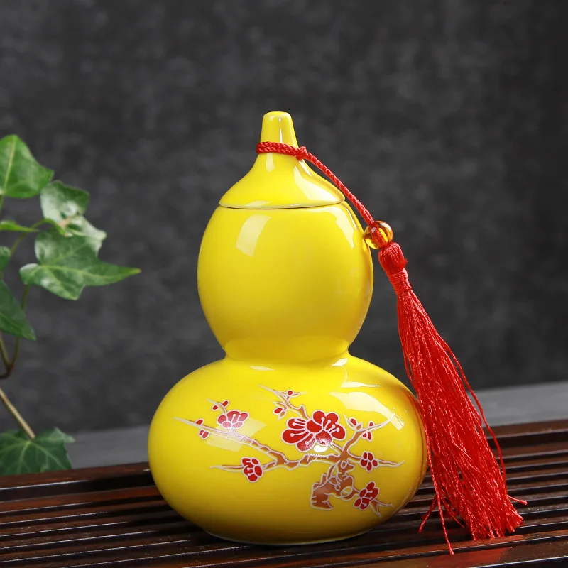 T Wintersweet Yellow Cucurbit Tea Caddy Ceramic Tea Box Gift Tea Leaf Packing Box Coffee Bean Sealed Canister Pills Face Powder Storage Jar - Цвет: T Wintersweet Yellow