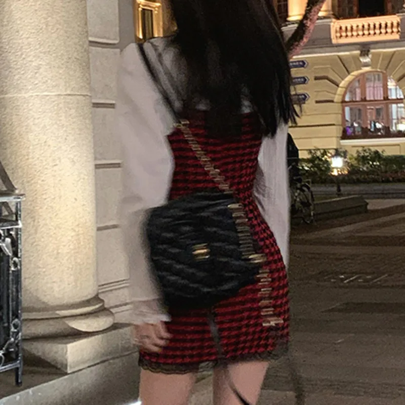 

Dresses For Women Bow Lace High Waist Stitching Suspender Dress Spring Autumn New Black White Houndstooth Robe Vestido De Mujer