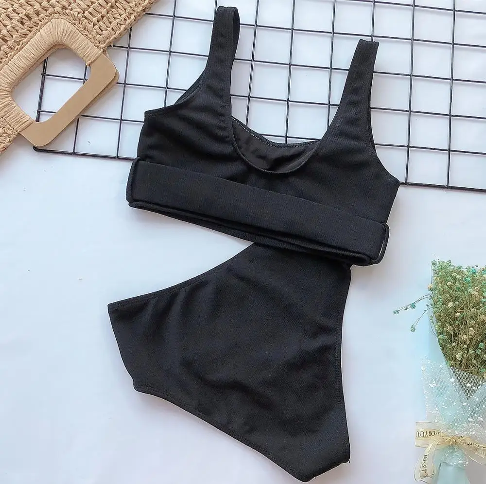 Пикантное Бразильское бикини с высокой талией женское однотонное мини купальный