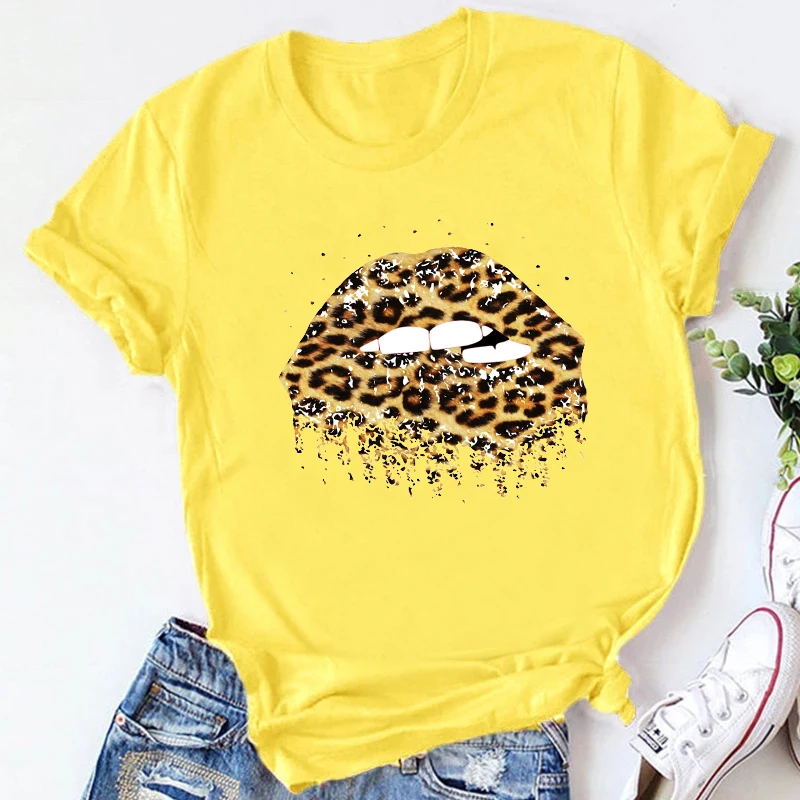 

Harajuku Female T-shirt Sexy Leopard Graphic Printed Plus Size Round Neck Top Fashion Women Streetwear Yellow Clothes