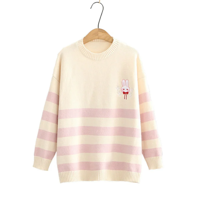 

Women Sweaters Harakuju Cartoon Rabbit Embroidey Knittd Pullover 2020 Autumn Winter Long Sleeve O-neck Cute Jumpers Sueter Mujer