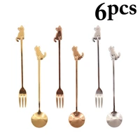 6 pcsset stainless steel dinnerware sets creative coffee tea stirring spoon fruit dessert fork with cat shaped design tableware