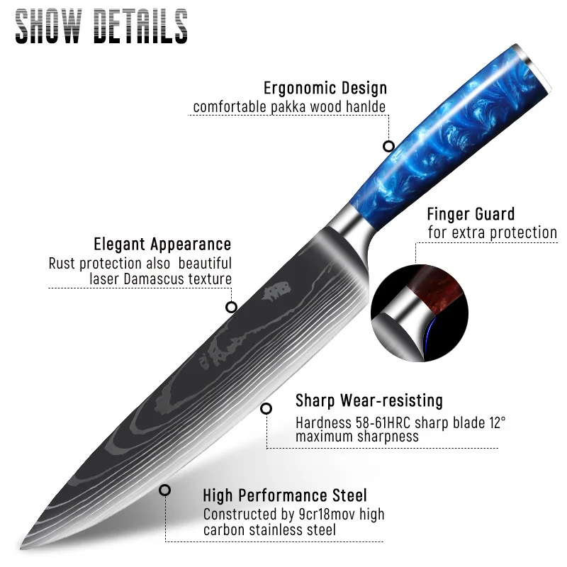 SANLEPUS Kitchen Knives Laser Damascus Pattern Chef Knife Sharp Santoku Cleaver Slicing Cake Utility Blue Resin Handle | Дом и сад