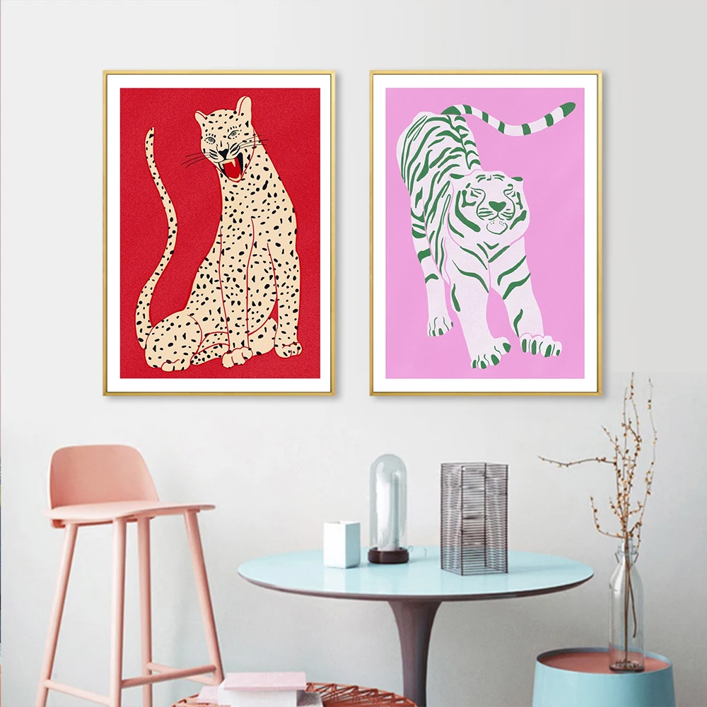 

Tiger Cartoon Animal Canvas Posters Pink Red Green Wild Tiger Painting Abstract Wall Art Print Pictures For Kid Room Home Decor