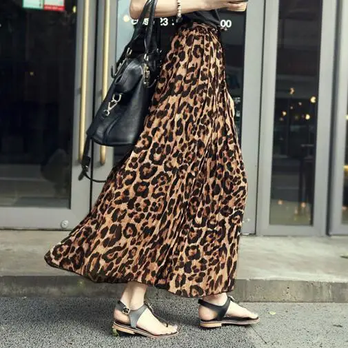 Summer Women Long Leopard Print Skirt Elastic High Waist Chiffon Pleated Slim Fit Casual Maxi WF332 | Женская одежда