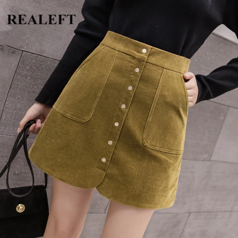 REALEFT Осень Зима теплые винтажные зеленые вельветовые миди юбки высокая посадка