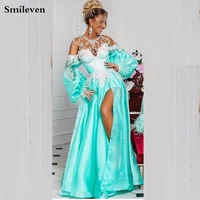 smileven off shoulder organza evening dresses puff sleeve sexy split special occasion dress without crystal evening party gowns