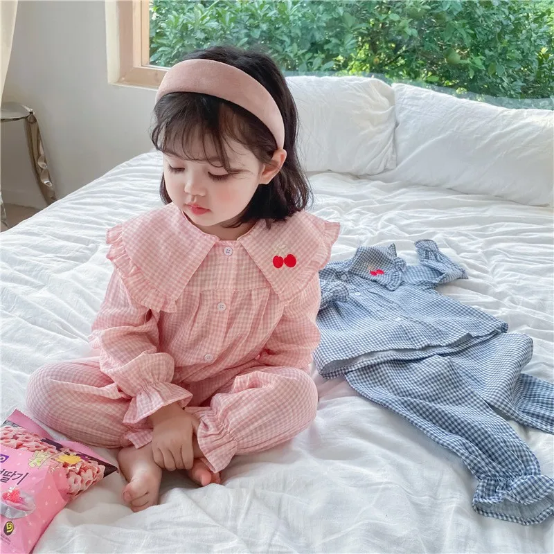 Korean Plaid Baby Girl Clothes set Long Pants Long-sleeved Home Service suit Cotton Kids Pajamas Children Sleepwear | Детская одежда и