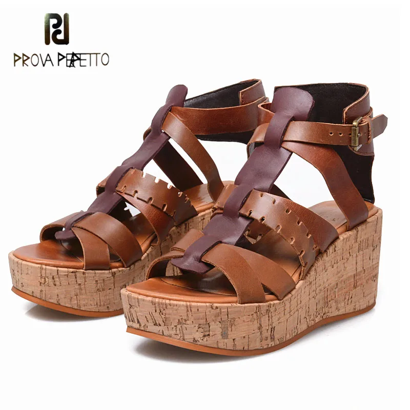 

Prova Perfetto genuine leather mixed color flat platform wedge heel summer shoes for women sandals hollow open toe rome sandals