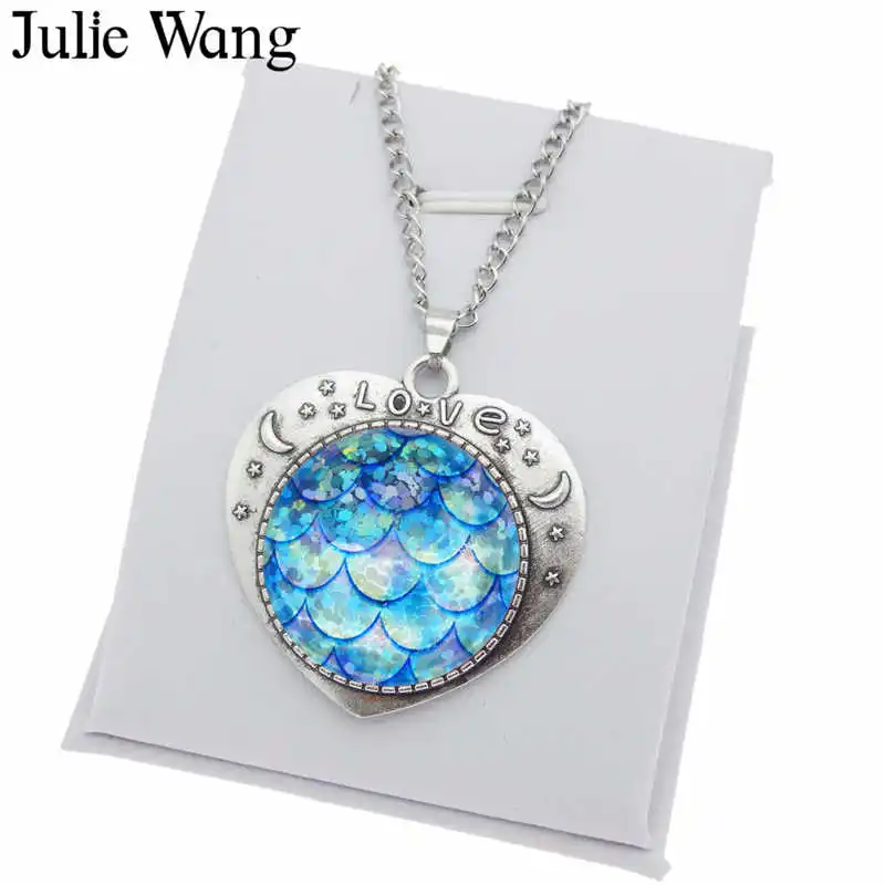 Julie Wang 25mm Glass Mermaid Fish Scale Necklace Women Heart Cabochon Setting Pendant Collar Chain Bohemian Fashion Jewelry | Украшения и