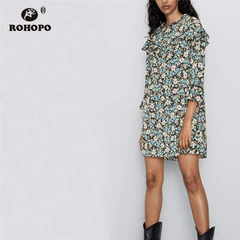 ROHOPO розовый ромашка цветочный оверлок декольте Мини платье с рюшами длинным