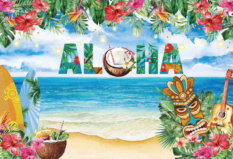 Summer Aloha Luau Backdrop Suitable For Tropical Hawaiian Beach Tiki Bar Mask Party Photo Background Banner Decortion